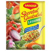A 200g packet of Maggi Secret Vegetable Taste Seasoning, showing colorful vegetables, a spoonful of savory mix, and product details on the front.